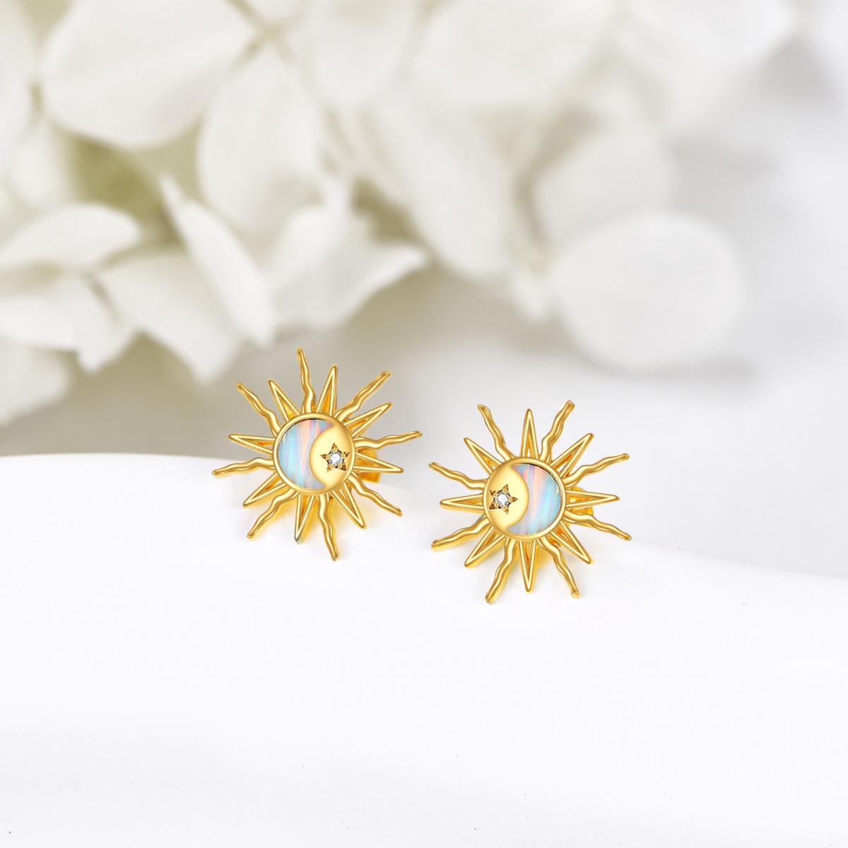 10K Gold Cubic Zirconia & Opal Moon & Sun Stud Earrings-4