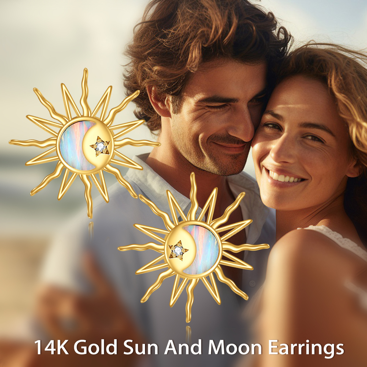 10K Gold Cubic Zirconia & Opal Moon & Sun Stud Earrings-6