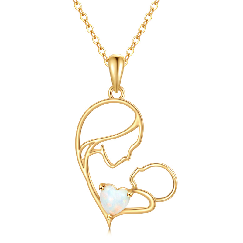14K Gold Opal Mother & Child Heart Pendant Necklace-1