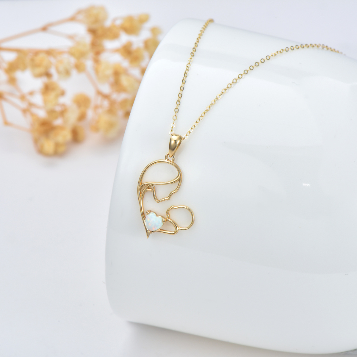 Collar con colgante de corazón de madre e hijo con ópalo en oro de 14 quilates-4
