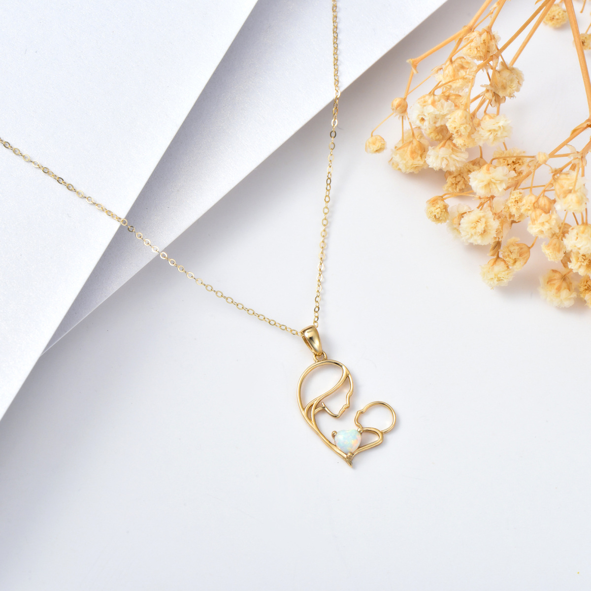 Collar con colgante de corazón de madre e hijo con ópalo en oro de 14 quilates-5