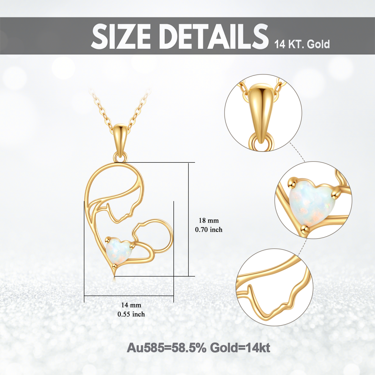 Collar con colgante de corazón de madre e hijo con ópalo en oro de 14 quilates-6