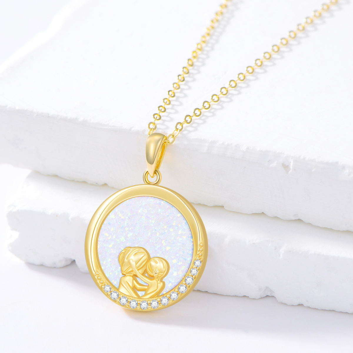 10K Gold Opal Mother Daughter Round Necklace for Women-3