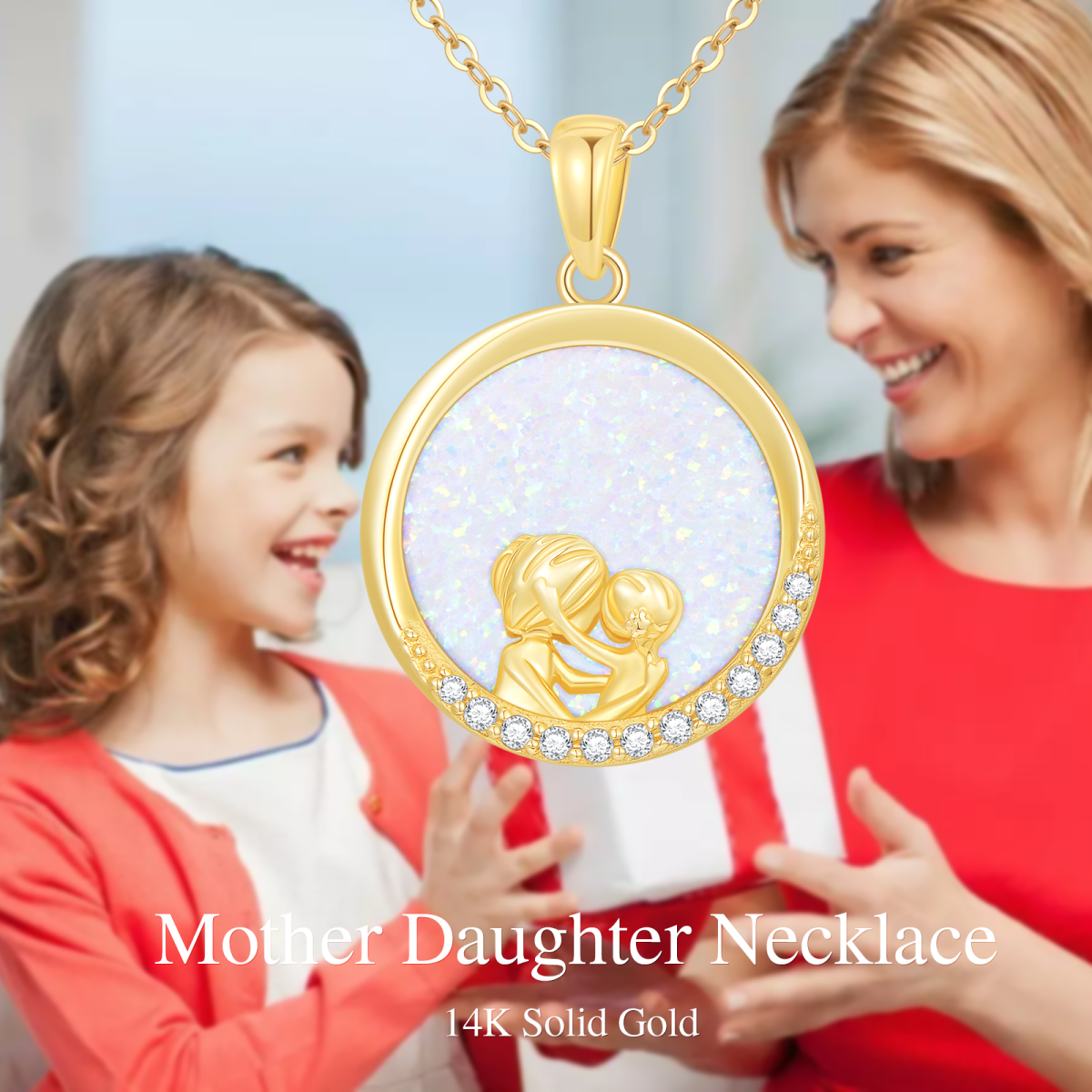 10K Gold Opal Mother Daughter Round Necklace for Women-6