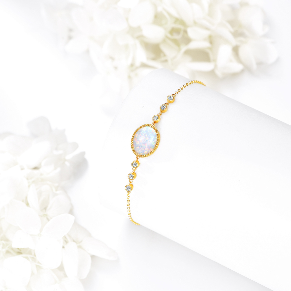 14K Gold Cubic Zirconia & Opal Oval Shaped Bracelet for Women-5