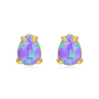 10K Gold Opal Oval Shaped Stud Earrings-2