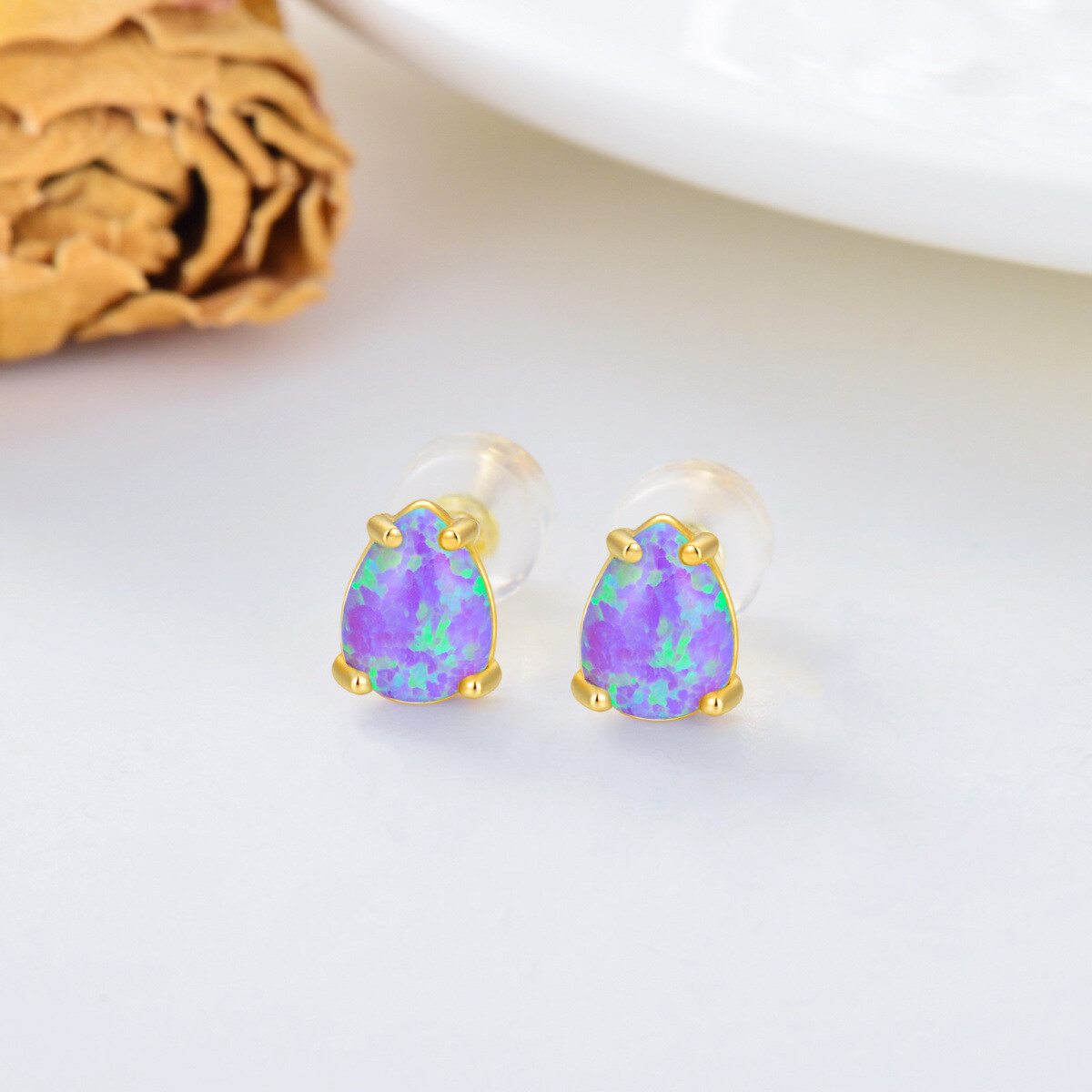 14K Gold Opal Oval Shaped Stud Earrings-2