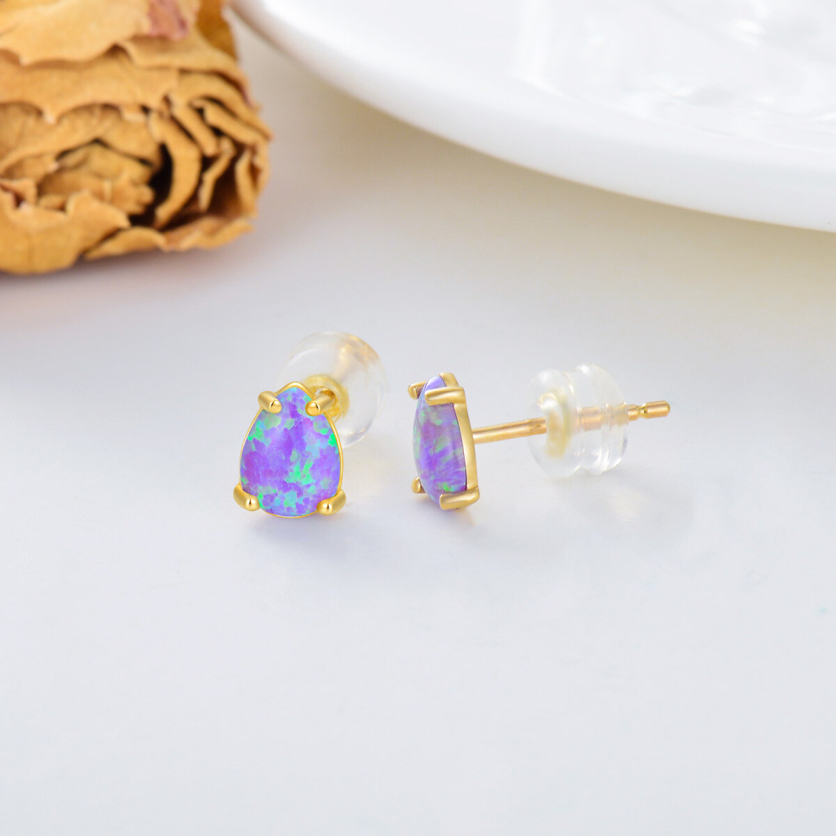 14K Gold Opal Oval Shaped Stud Earrings-3