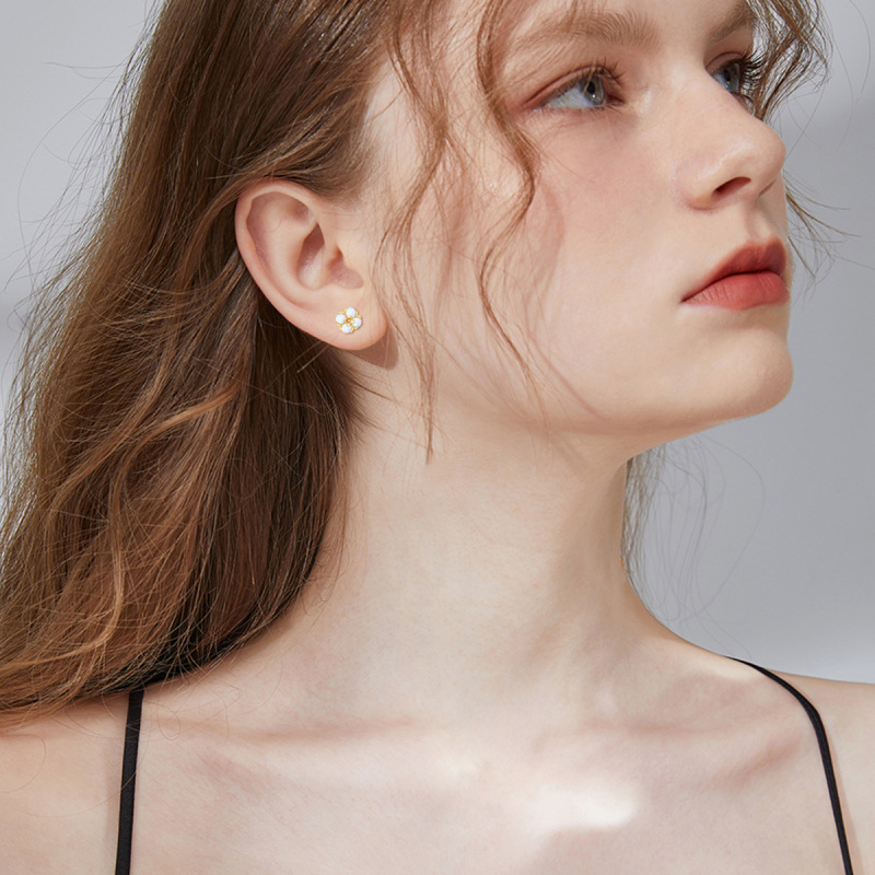 10K White Gold Opal Peach Blossom Stud Earrings-2