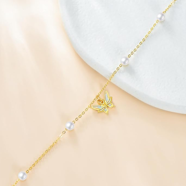 14K Gold Opal & Pearl Butterfly Single Layer Anklet-3