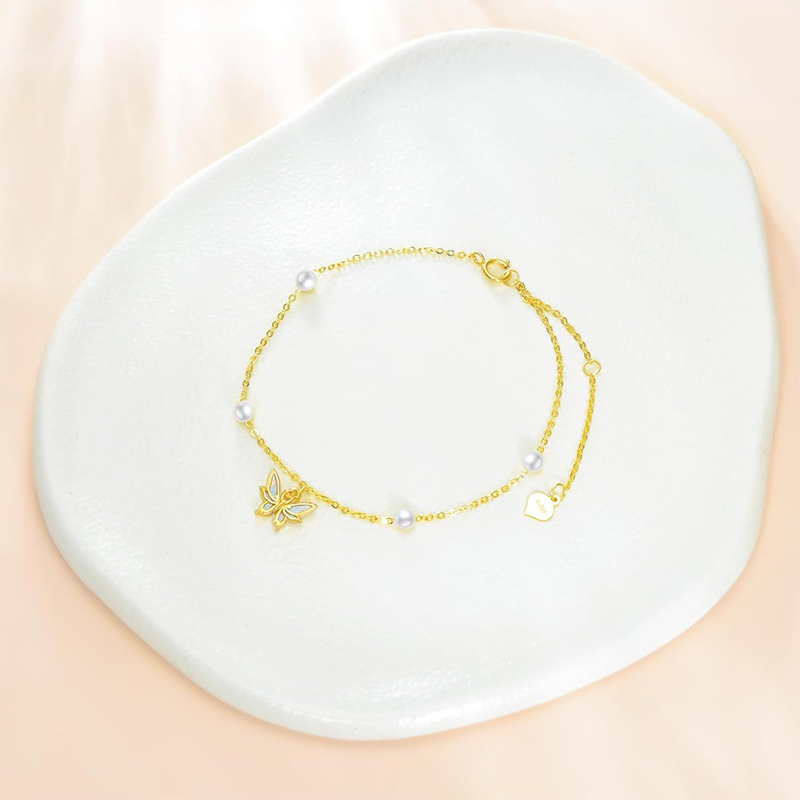 Cavigliera con ciondolo a forma di farfalla con singolo strato in oro bianco 10K, opale e perla-4
