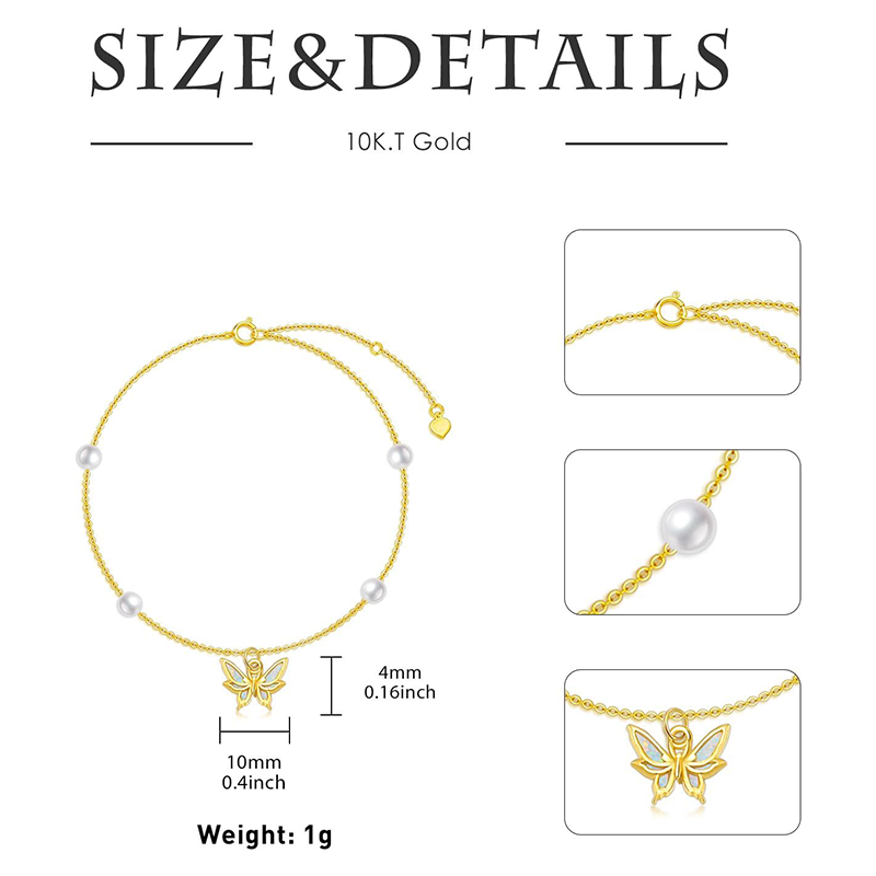 Cavigliera con ciondolo a forma di farfalla con singolo strato in oro bianco 10K, opale e perla-5