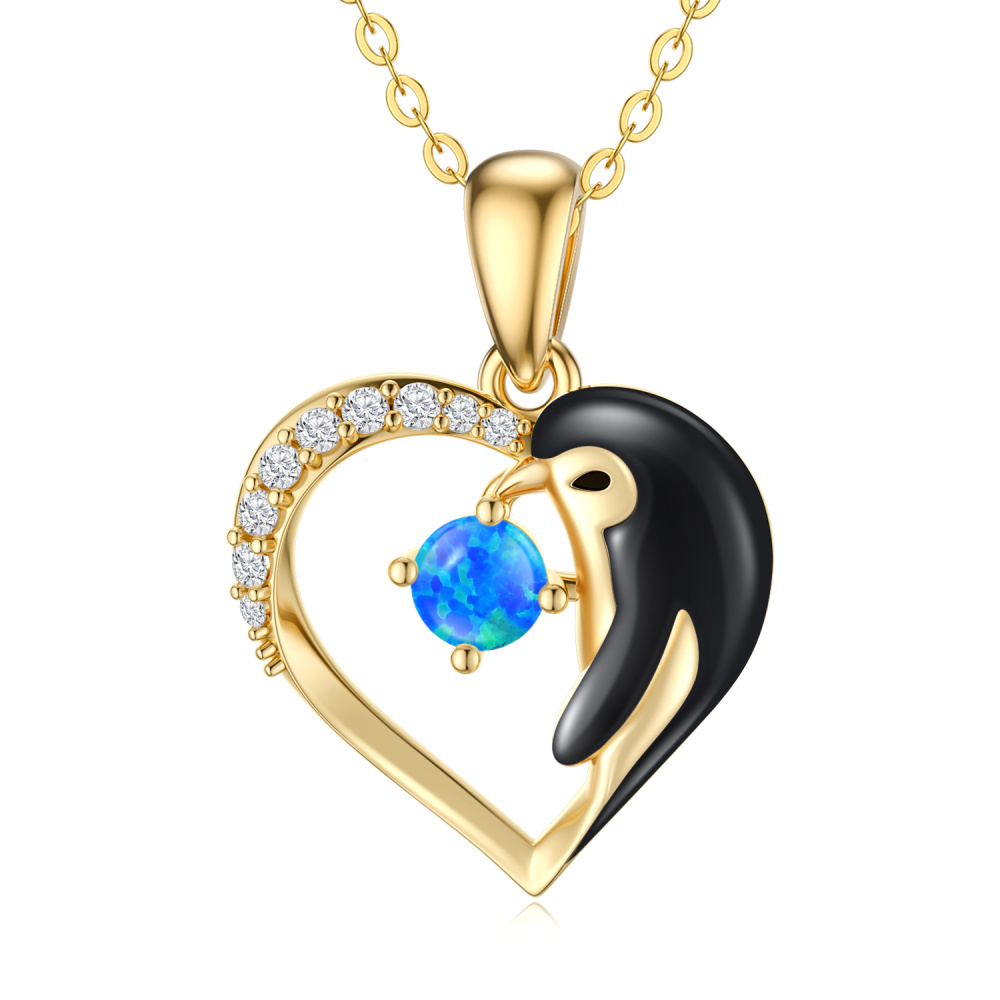 10K Gold Opal With Cubic Zirconia Penguin & Heart Pendant Necklace For Women-1