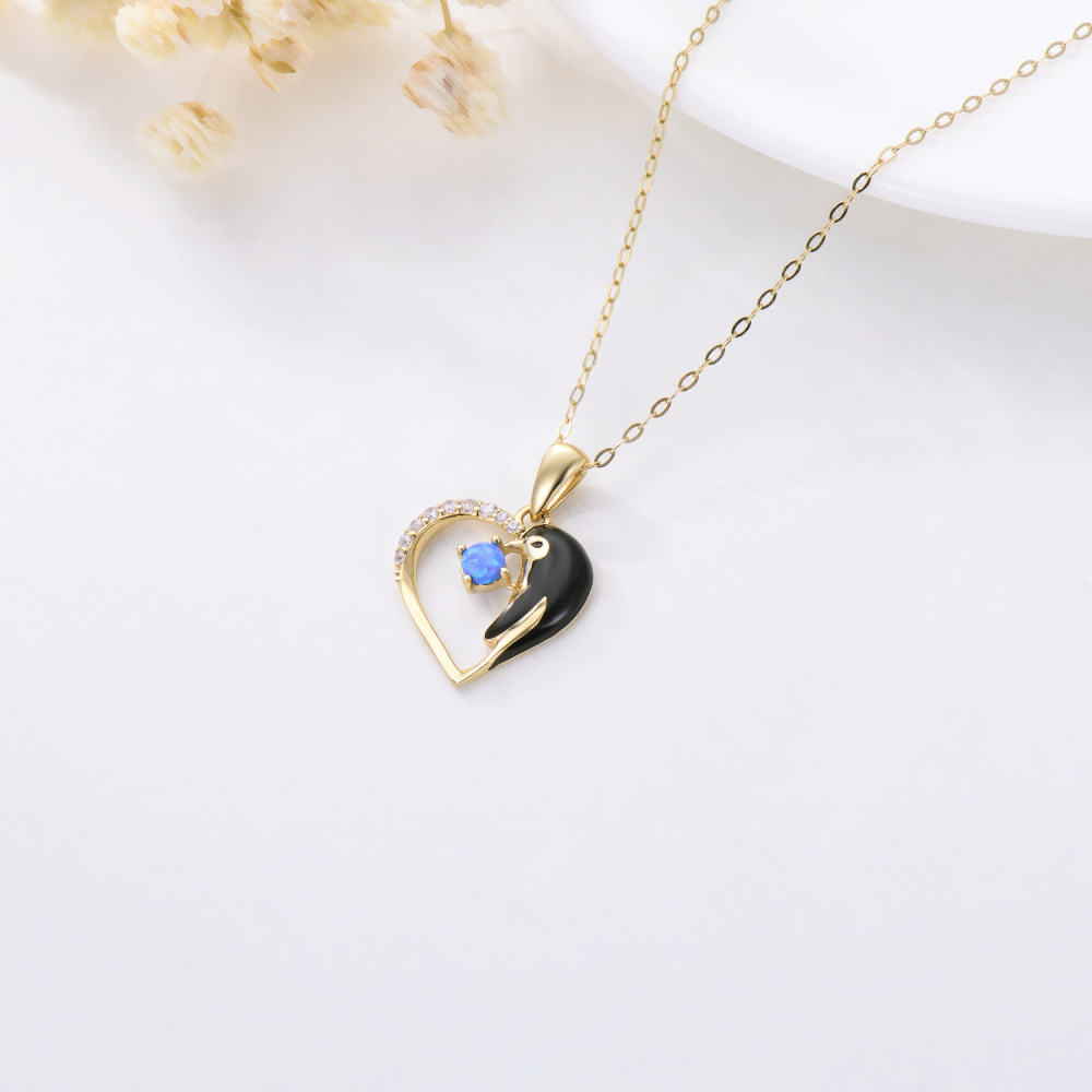 10K Gold Opal With Cubic Zirconia Penguin & Heart Pendant Necklace For Women-3