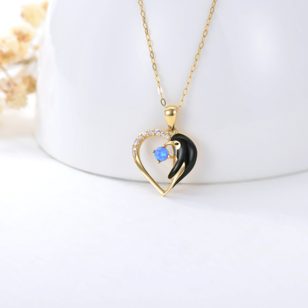 10K Gold Opal With Cubic Zirconia Penguin & Heart Pendant Necklace For Women-4