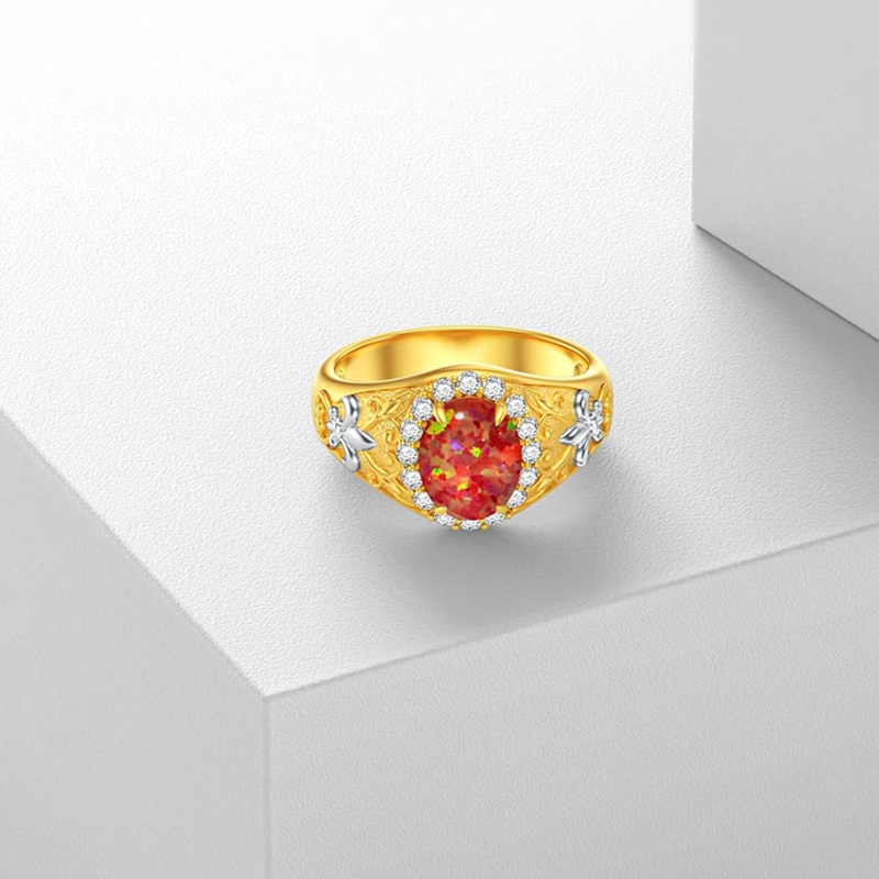 10K Gold Opal & Personalized Birthstone Lily Engagement Ring for Men-4