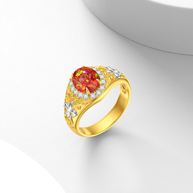 10K Gold Opal & Personalized Birthstone Lily Engagement Ring for Men-5