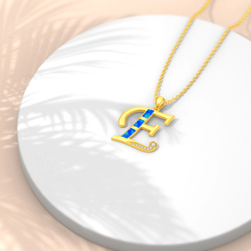 10K Gold Opal Personalized Initial Pendant Necklace-3