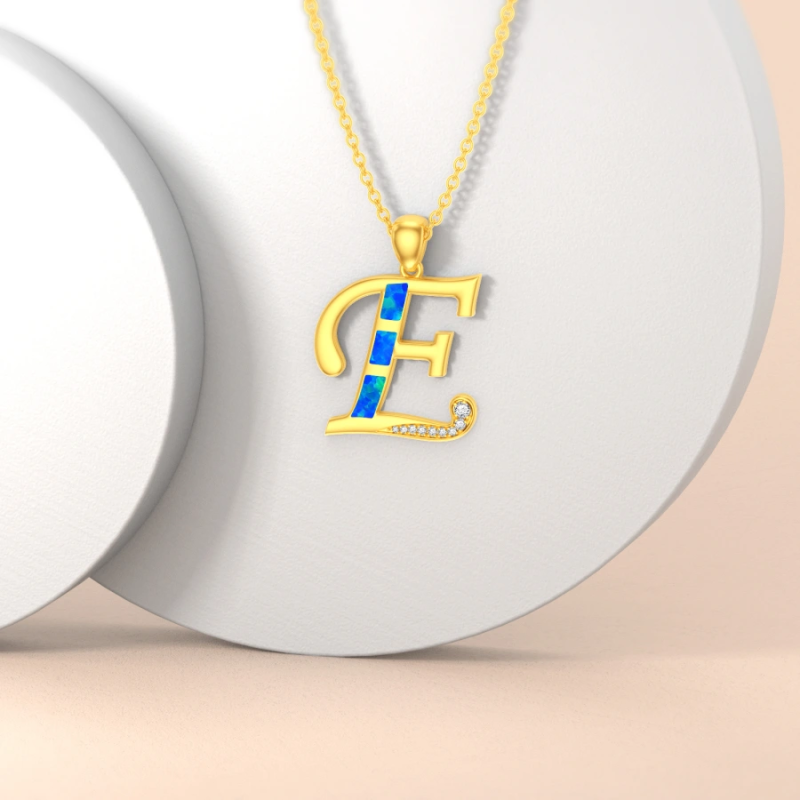 10K Gold Opal Personalized Initial Pendant Necklace-4