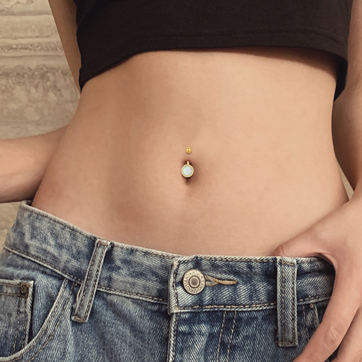 10K Gold Opal Round Belly Button Ring-2