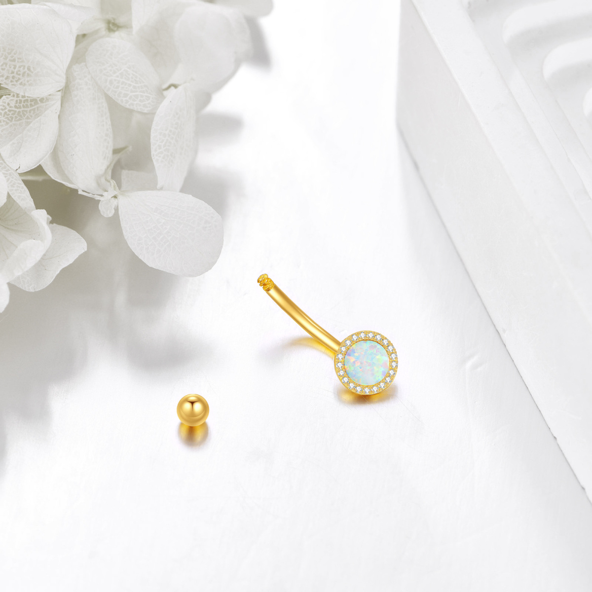 10K Gold Opal Round Belly Button Ring-4