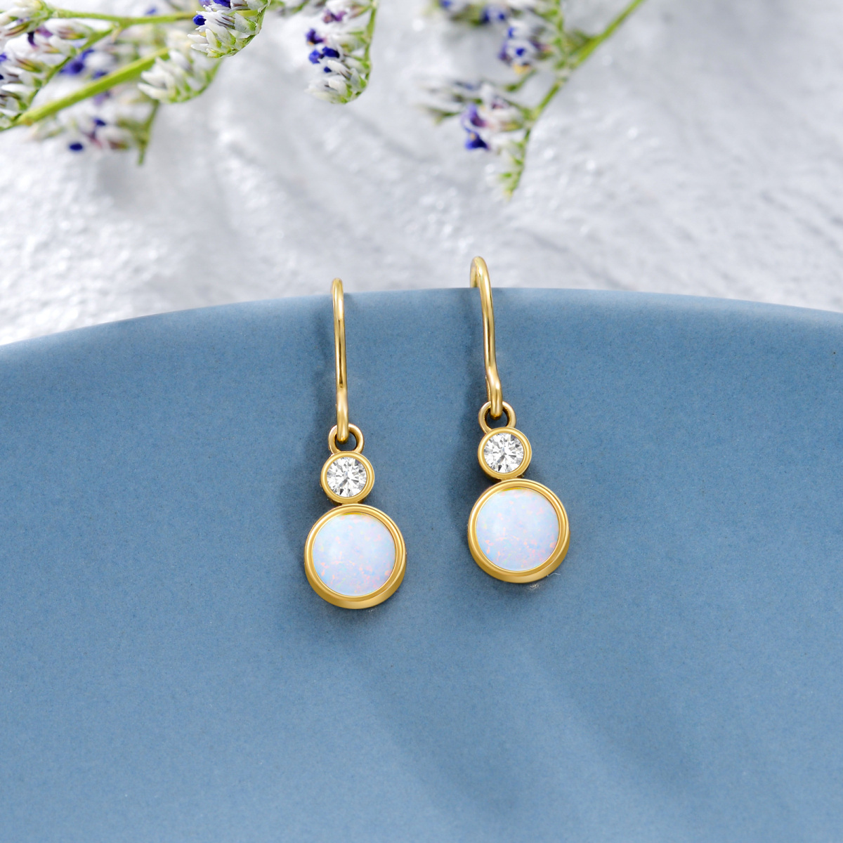 10K Gold Opal Round Drop Earrings-3