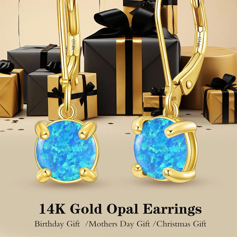 10K Gold Opal Round Lever-back Earrings for Women-2