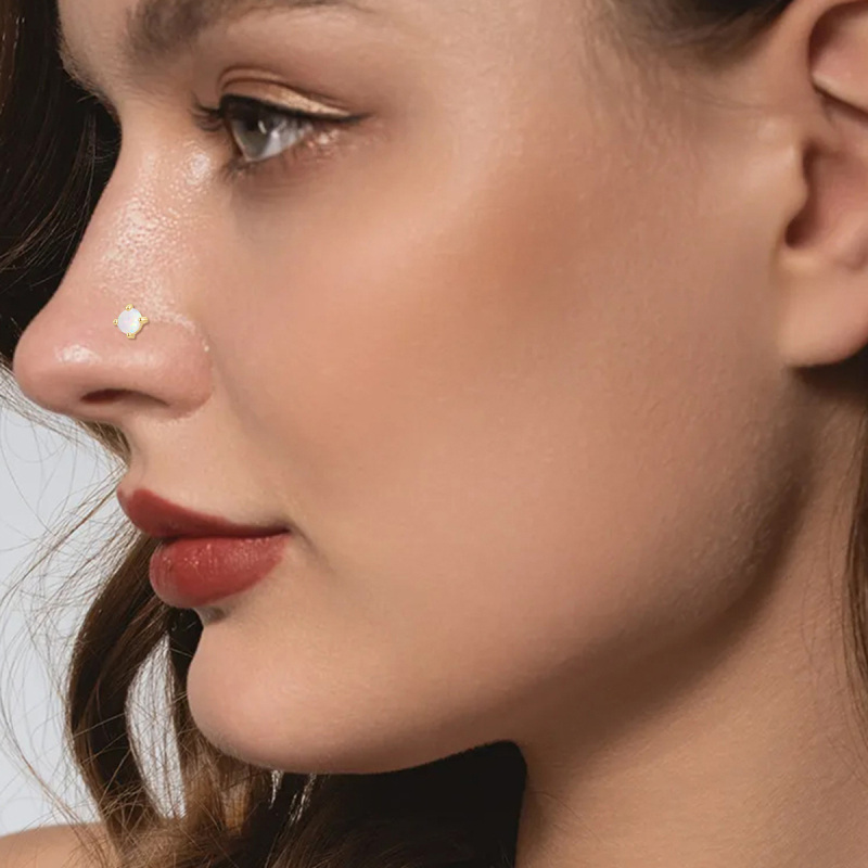 10K White Gold Opal Round Nose Ring-2