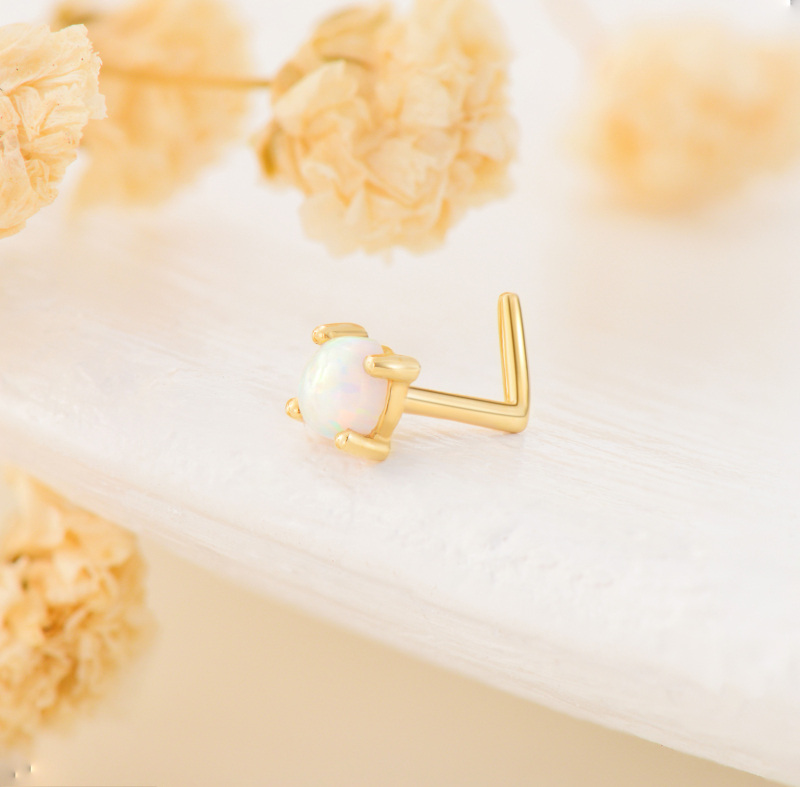 10K White Gold Opal Round Nose Ring-3