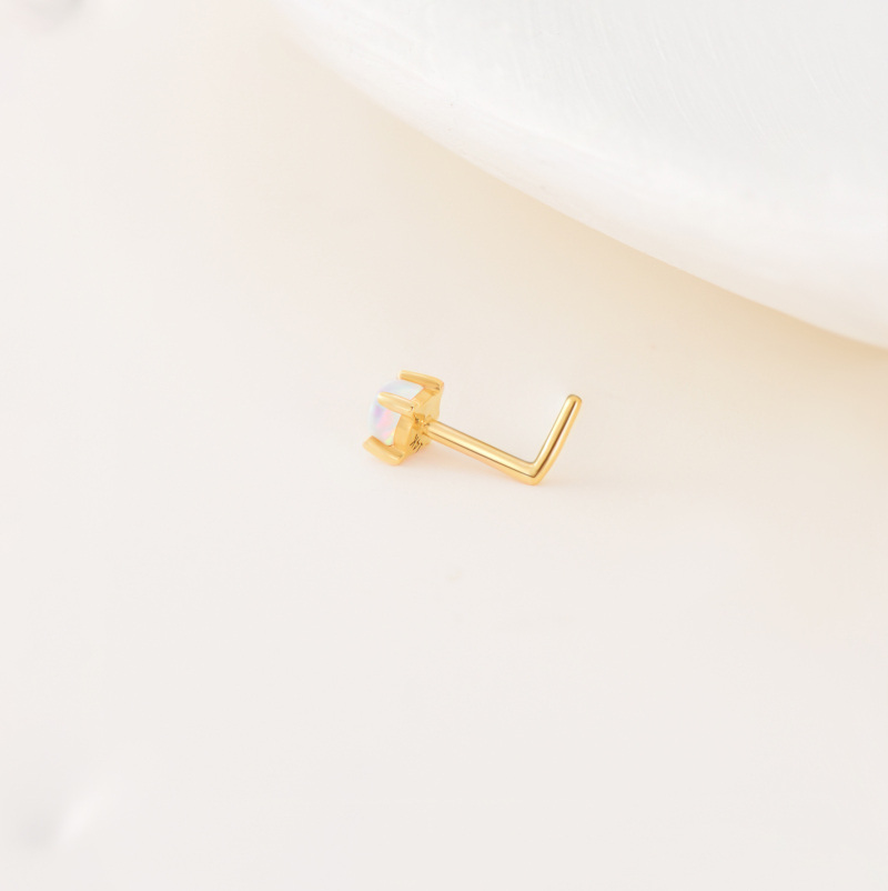 10K White Gold Opal Round Nose Ring-4