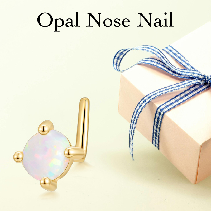 10K White Gold Opal Round Nose Ring-6