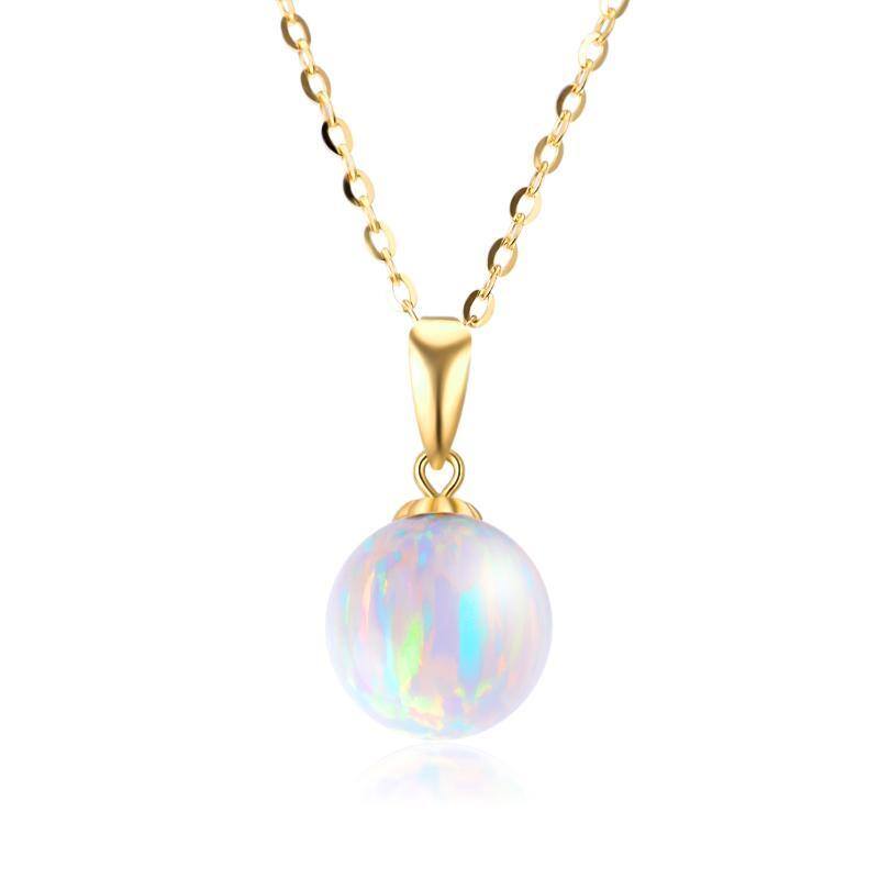 10K Gold Opal Round Pendant Necklace-4