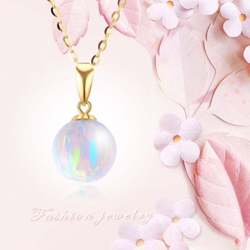 10K Gold Opal Round Pendant Necklace-6