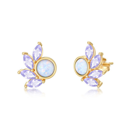 14K Gold Opal Round Stud Earrings