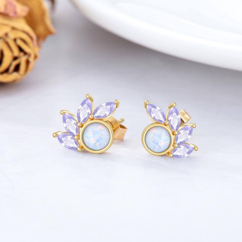 10K Gold Opal Round Stud Earrings-4