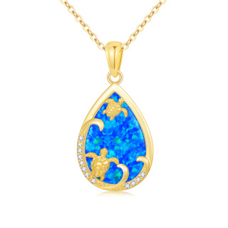 14K Gold Opal Sea Turtle & Drop Shape Pendant Necklace-2