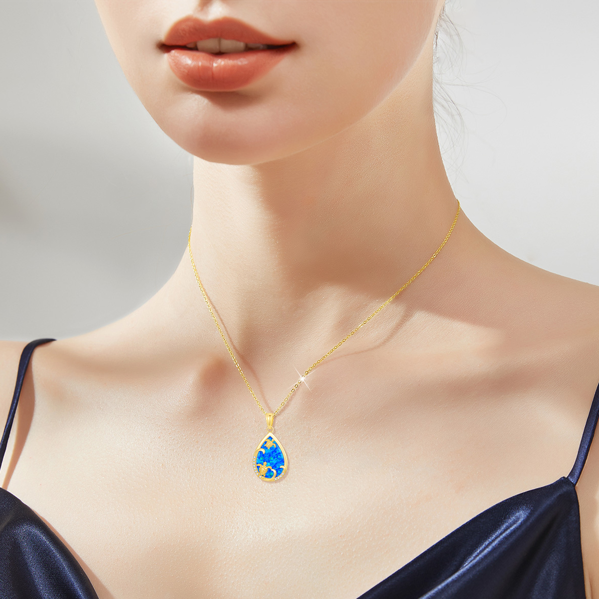 14K Gold Opal Sea Turtle & Drop Shape Pendant Necklace-2