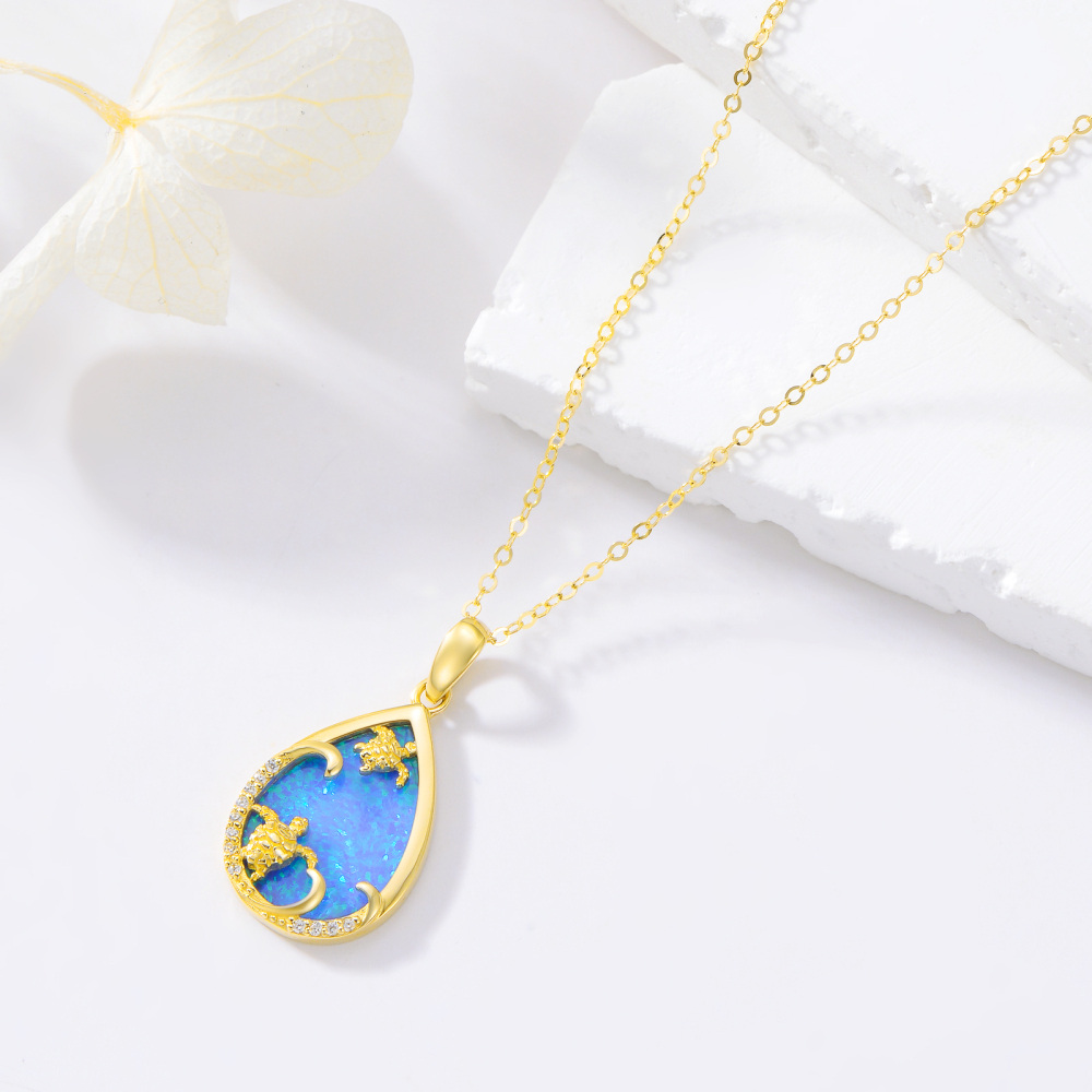 10K Gold Opal Sea Turtle & Drop Shape Pendant Necklace-3