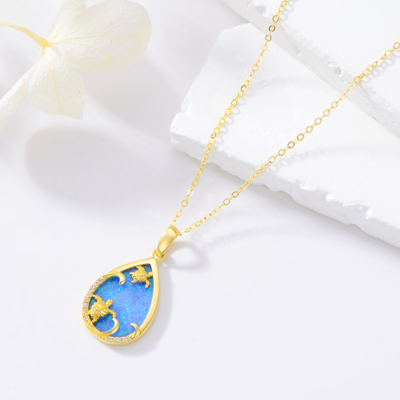14K Gold Opal Sea Turtle & Drop Shape Pendant Necklace-3
