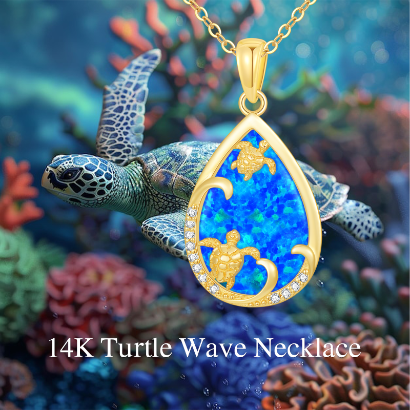 14K Gold Opal Sea Turtle & Drop Shape Pendant Necklace-6
