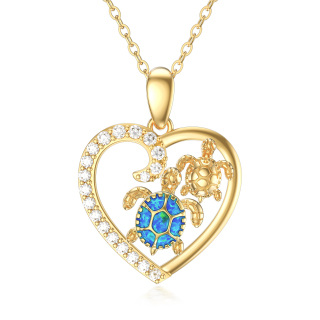 14K Gold Heart Cubic Zirconia & Opal Sea Turtle Pendant Necklace For Women-5