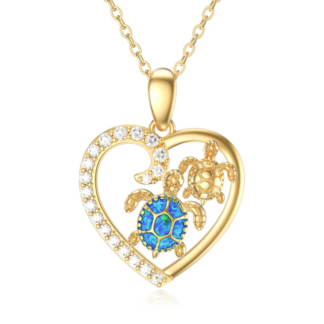 Collier pendentif tortue de mer en or 14K avec cœur en zircon cubique et opale pour femmes