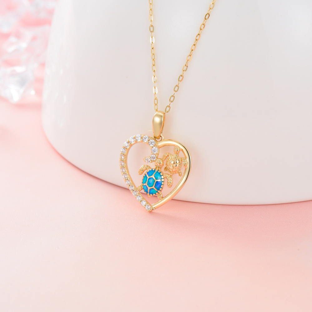10K Gold Heart Cubic Zirconia & Opal Sea Turtle Pendant Necklace For Women-3