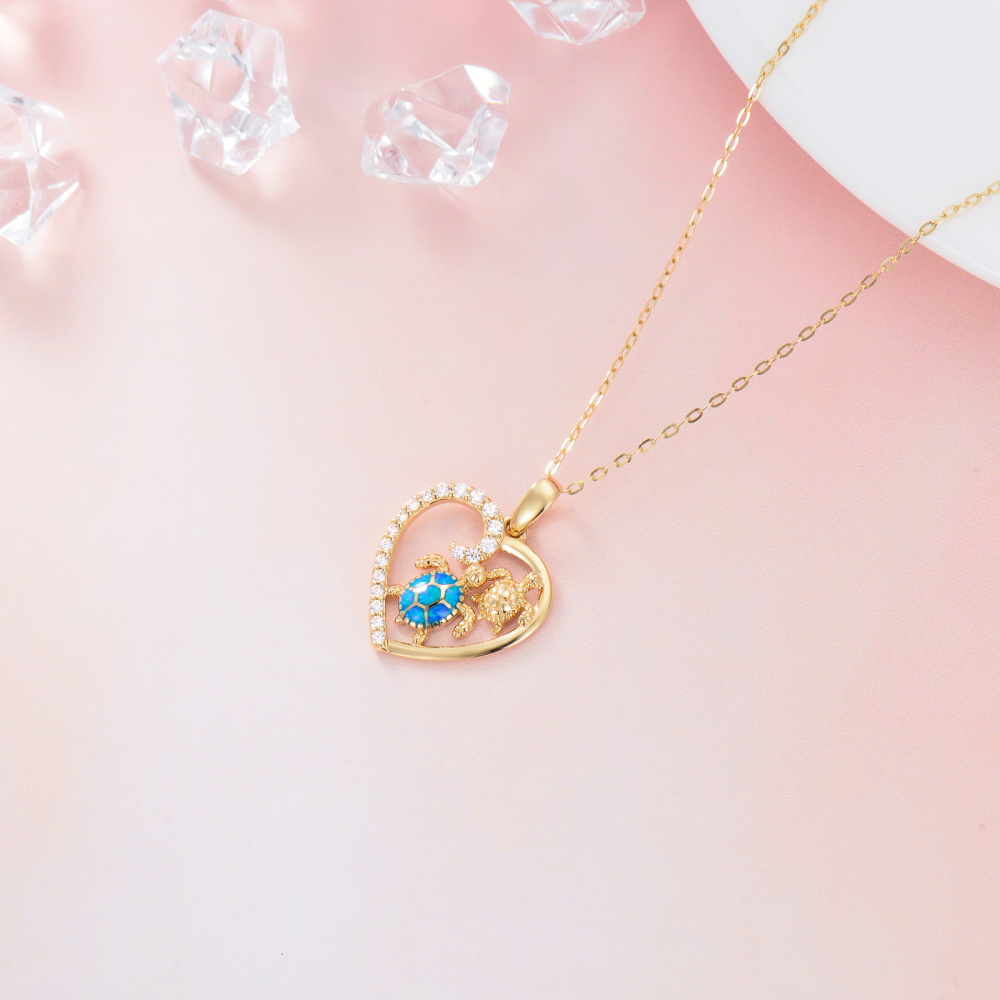 10K Gold Heart Cubic Zirconia & Opal Sea Turtle Pendant Necklace For Women-4
