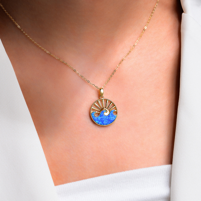 10K White Gold Opal Spray & Sun Pendant Necklace-2