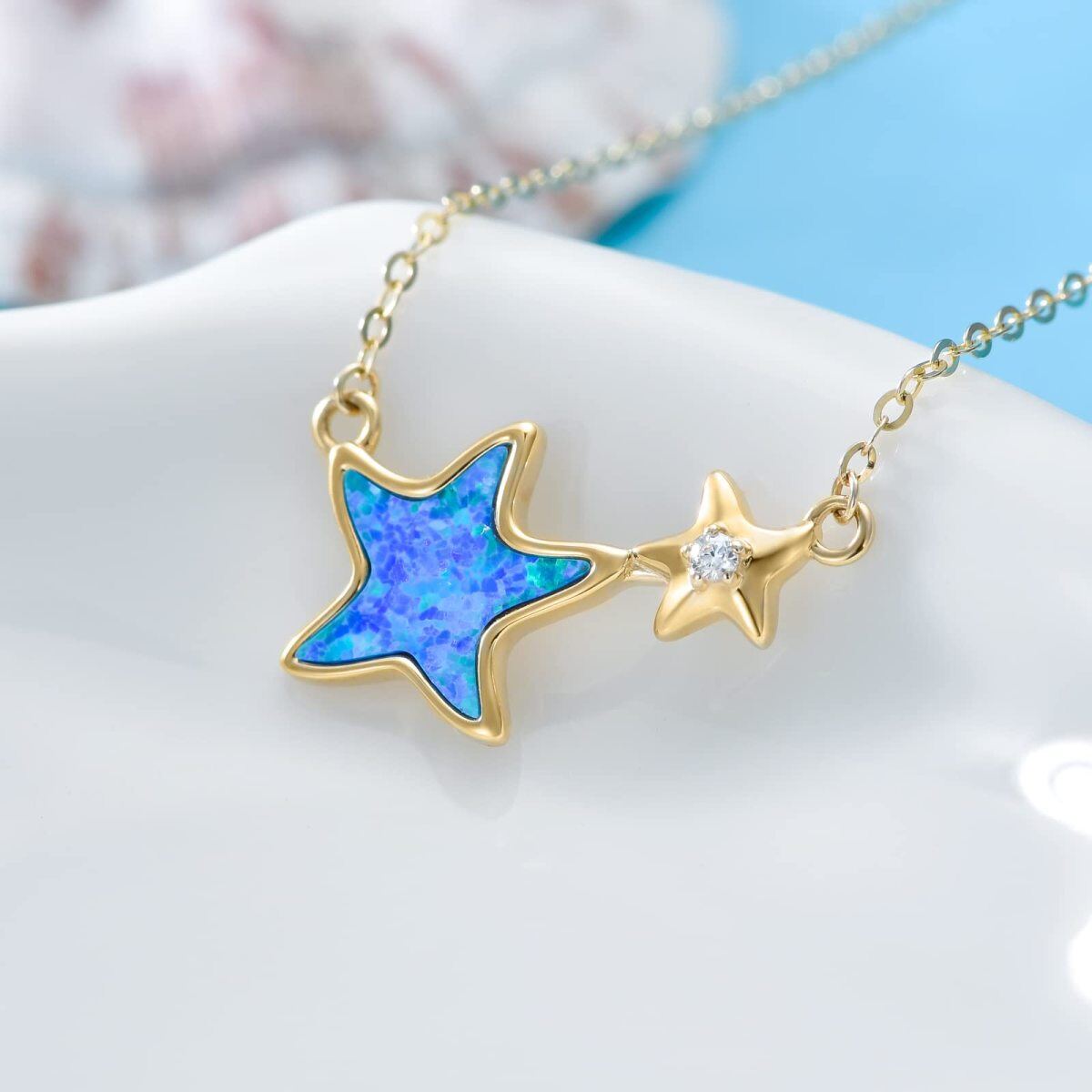 9K Gold Opal Starfish Pendant Necklace-3