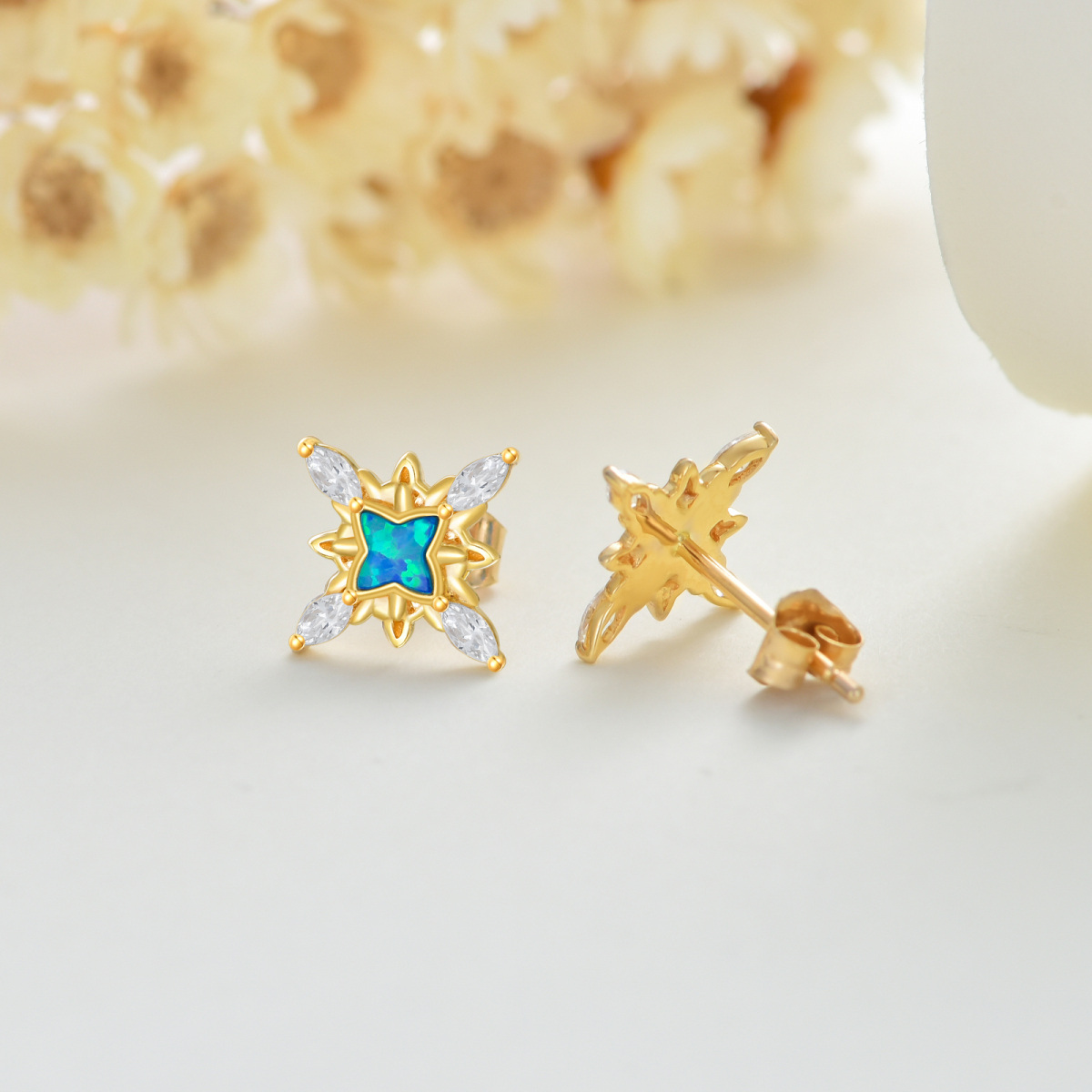 Brincos de pino de estrelas de opala de ouro 14K-3