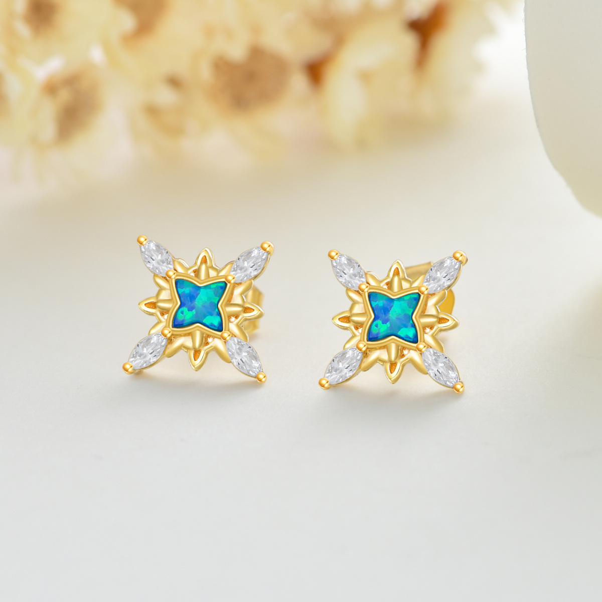 Brincos de pino de estrelas de opala de ouro 14K-4