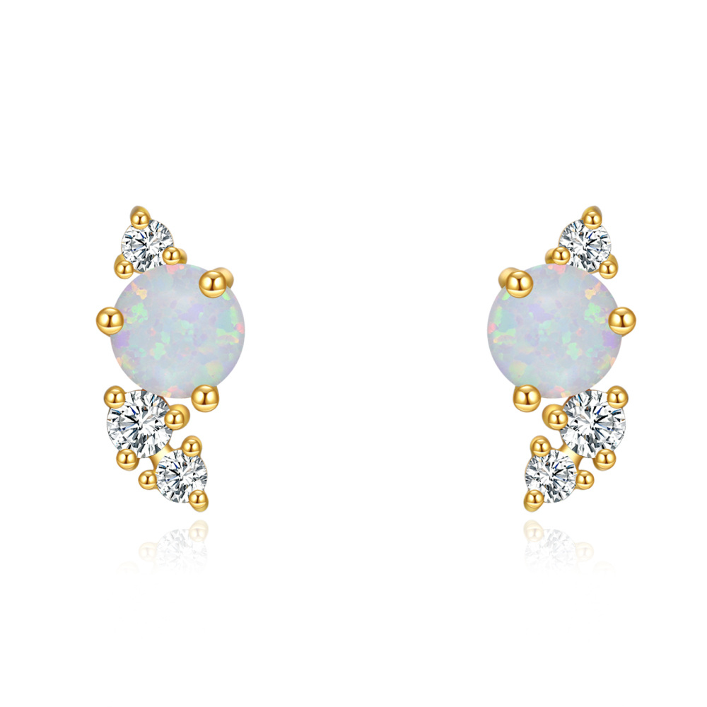 10K Gold Cubic Zirconia & Opal Stud Earrings-1