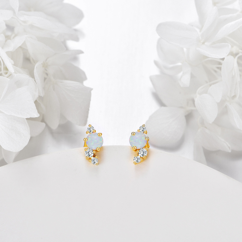 Brincos de pino de opala com zircónias cúbicas em ouro 10K-4